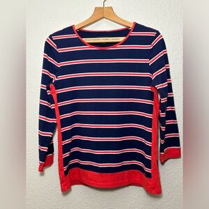 Tommy Hilfiger long sleeved striped round neck top. Front hem bar logo.Women’s M